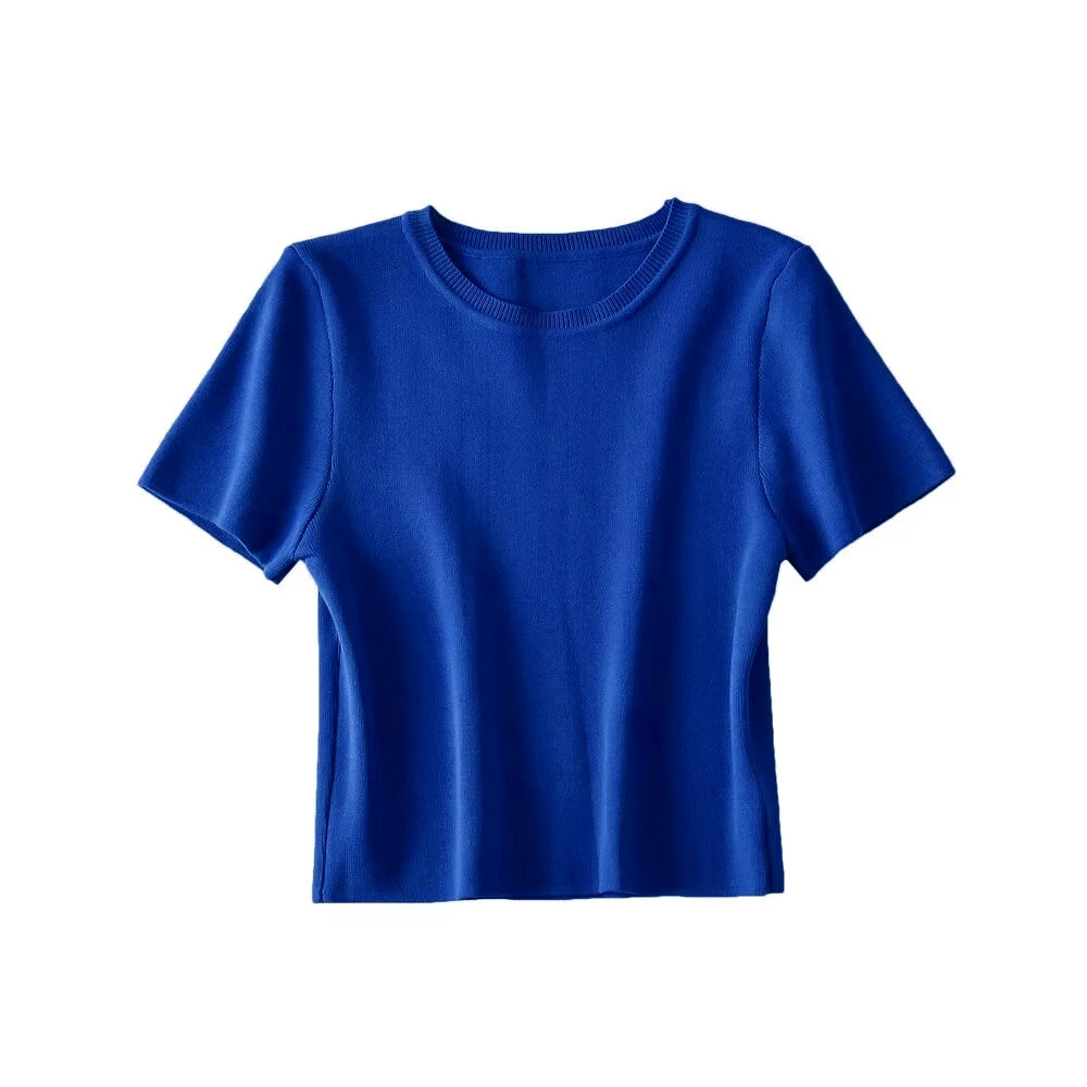 RFZA Women Fashion Striped Basic Cropped Knit Sweater Vintage O Neck Short Sleeve Female Pullovers Chic Tops