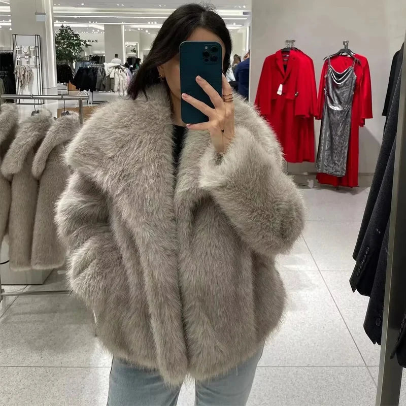 TRAF Women's Faux Fur Coat autumn winter 2023 Plush Wool Coats and Mixtures Outerwears Fashio Long Sleeve Warm Fur Coat