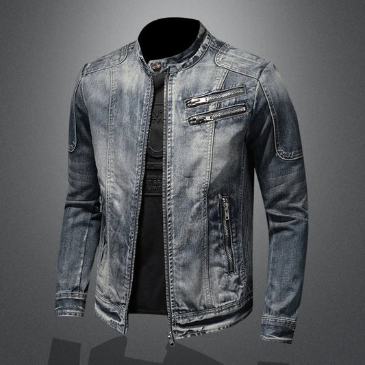 Vintage Plus-size Denim Jackets Men Casual Stand Collar Moto Biker Outerwear Coats Mens Fashion Zippers Motorcycle Streetwear