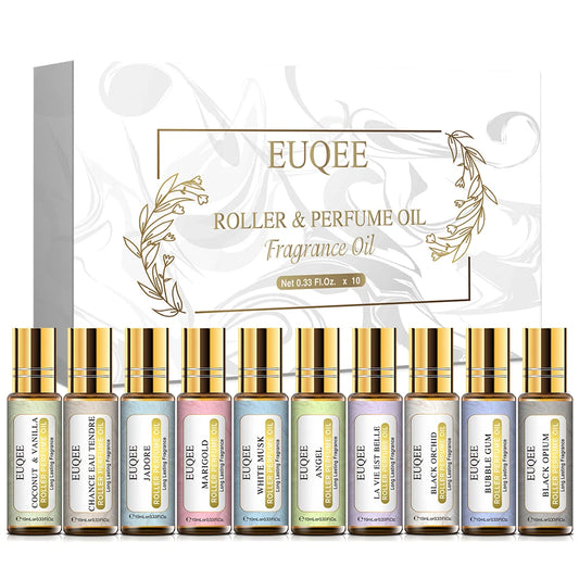 EUQEE 10 Bottles Women Fragrance Oil Gift Set Bubble Gum Jadore White Musk 10ml Roller Fragrance Oil For Diffuser DIY Soap