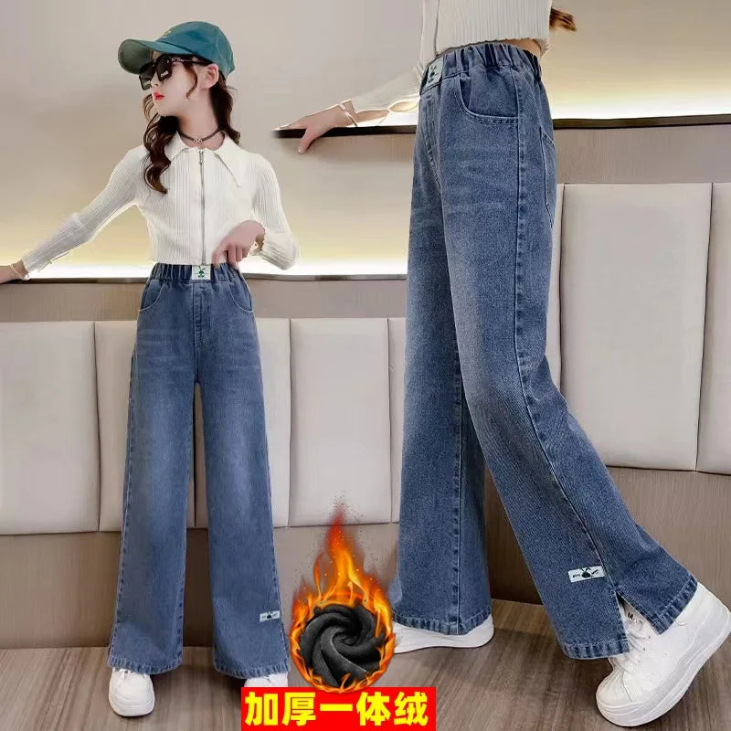 2024 Teenager Jeans for Girls Autumn Kids Casual Denim Wide Leg Pants Velvet Warm Winter Children's Fashion Straight Trousers