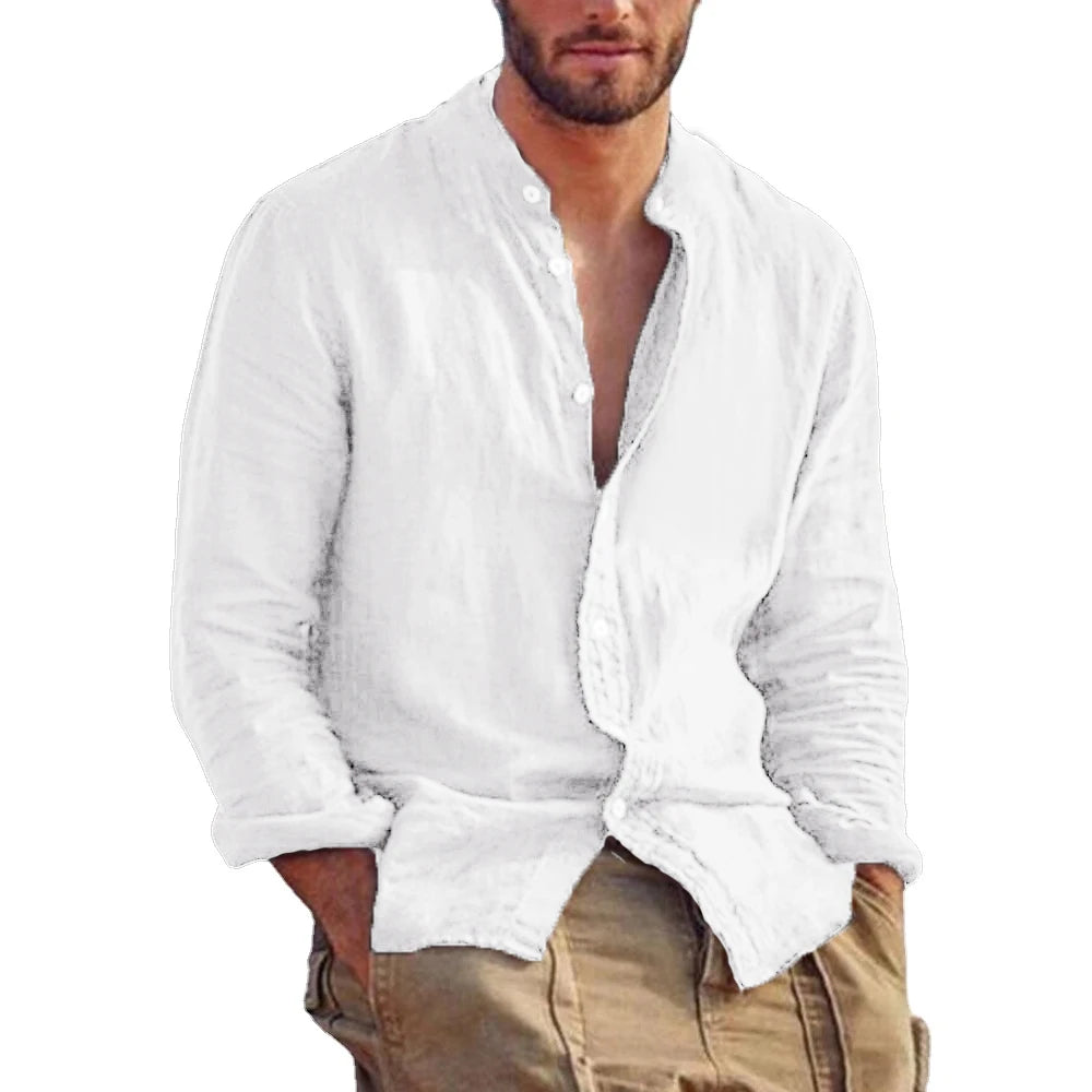 New Men's Solid Color Long Sleeve Shirt Linen Cotton Shirts Trend Plus-size Stand Collar Casual Lightweight Beach Tops