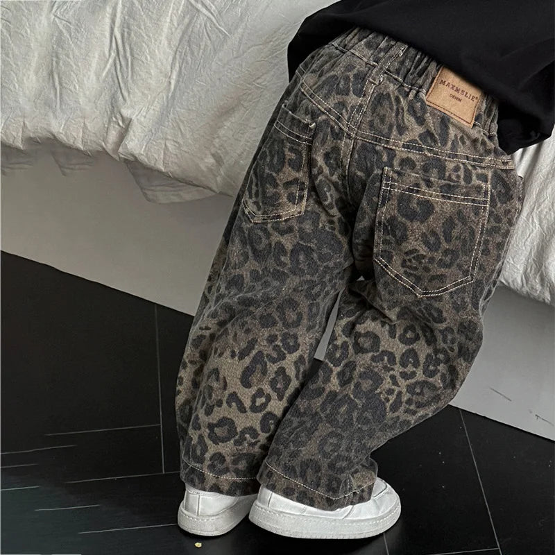 Leopard Jeans For Kids Boys Girls Cool Long Jeans Fashion 2024 Casual Street Style