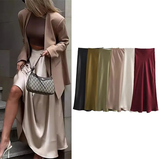 Ladies Satin Skirt Women High Waist Long Skirts