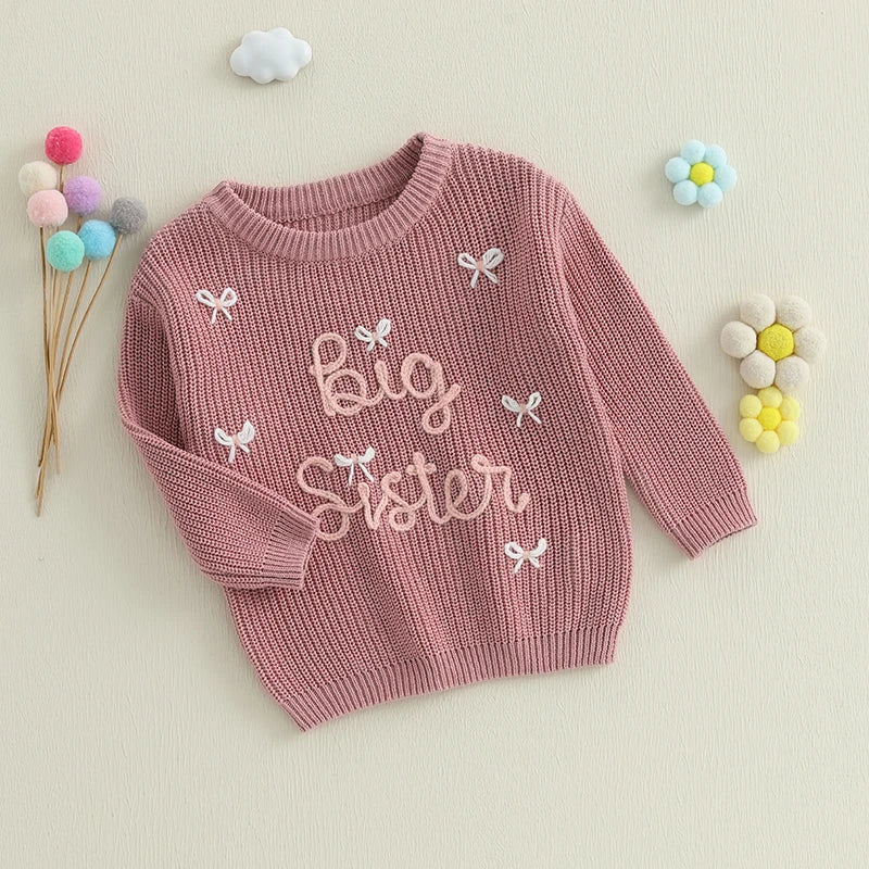 Pudcoco Baby Girl Sweater Long Sleeve Round Neck Bow Letter Embroidery Knit Pullover Toddler Tops 1-5T