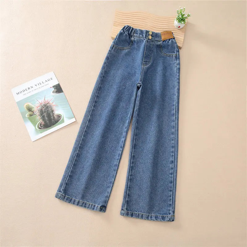 Teenage Girls Retro Jeans Spring Autumn Winter Casual Fashion Kids Wide Leg Insulated Jeans Pants School Children Denim Trousers