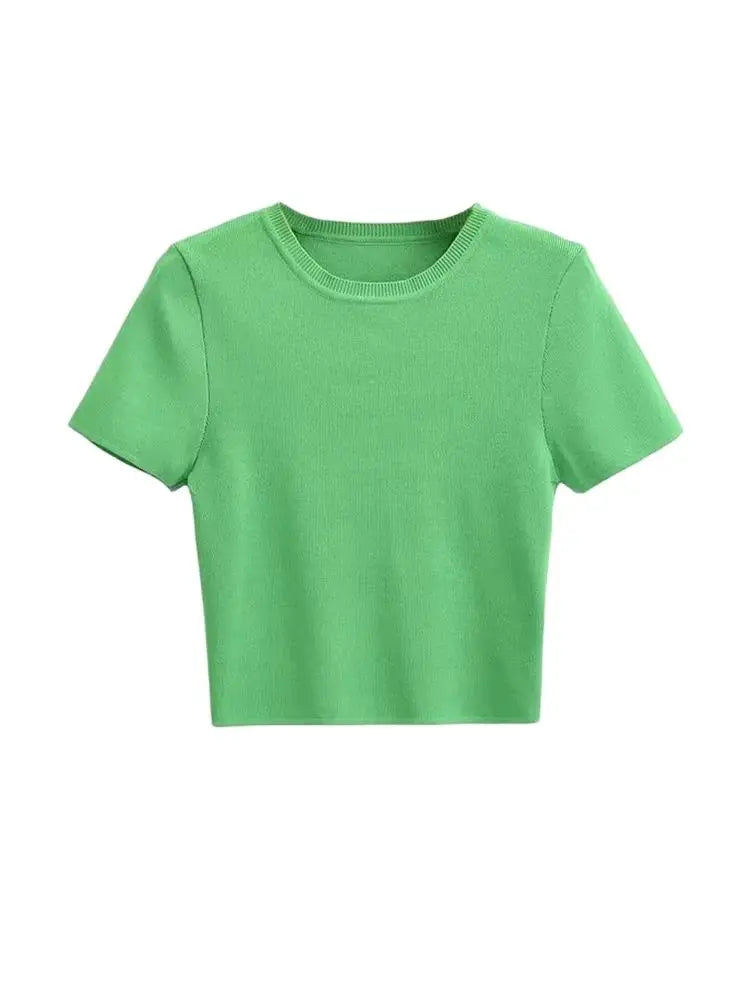 RFZA Women Fashion Striped Basic Cropped Knit Sweater Vintage O Neck Short Sleeve Female Pullovers Chic Tops
