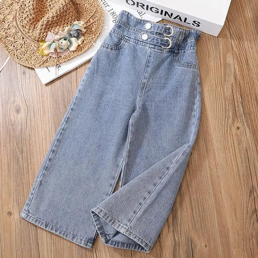 Girls' Wide-Leg Jeans Versatile Style 2023 Fashionable Big Kids Leisure Pants Spring And Autumn Girl Loose Double Waist Trousers