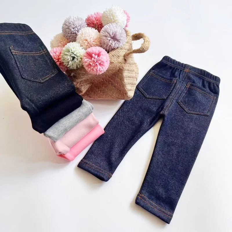 Children's Jeans Boys and Girls' Solid color Thin Velvet Elastic Belt Jeans Infant Elastic Denim Pants1-6Y