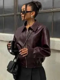 Vintage Wine Red Loose Short Leather Jacket Women Fashion Lapel Long Sleeves Zipper Cropped Coat 2025 Autumn Lady Street Outwear