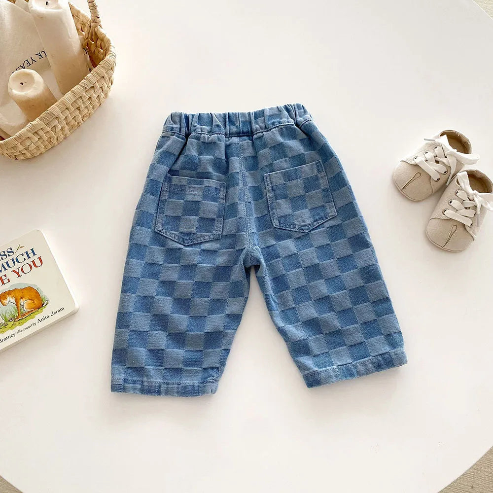 MILANCEL 1-5Y Children Jeans Boys Denim Pants Mid Waist Girls Trousers Fashion Kids Plaid Pants