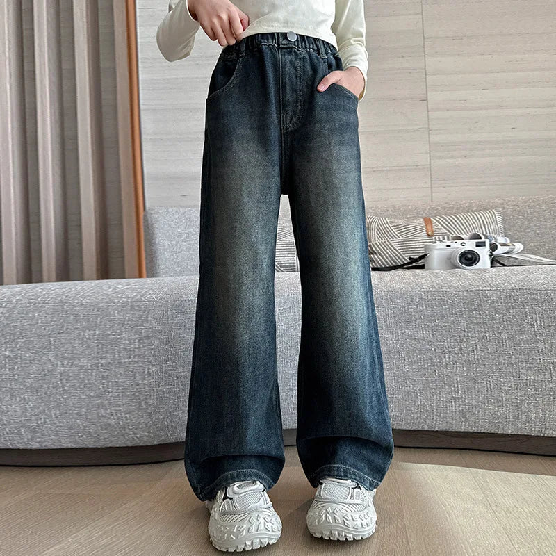 2024 New High Quality Girls Jeans Vintage Denim Wide Leg Pants Kids Clothing Children Casual Solid Trousers For Teenager Clothes