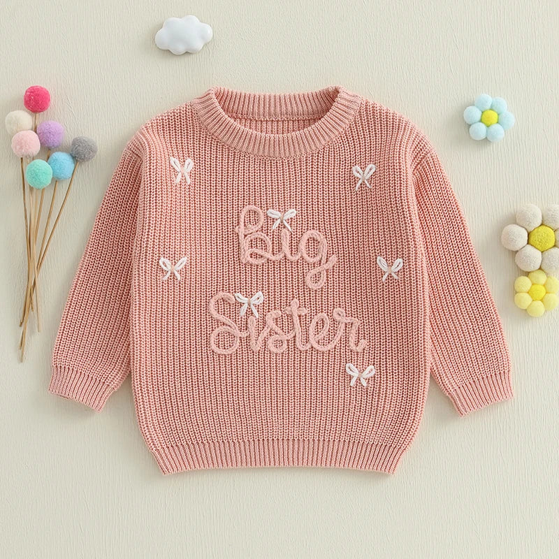 Pudcoco Baby Girl Sweater Long Sleeve Round Neck Bow Letter Embroidery Knit Pullover Toddler Tops 1-5T