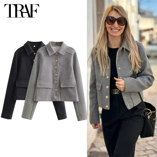 TRAF 2024 Bomber Jacket Women Button Cropped Jackets for Women Long Sleeve Women's Jackets Streetwear Coat for Women Outerwears