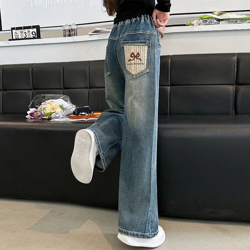 Girl Pocket Bow Embroidery Jeans New Teenage Children Wide Leg Denim Pants for Kids Loose Trousers Spring Autumn 4 -14 Years