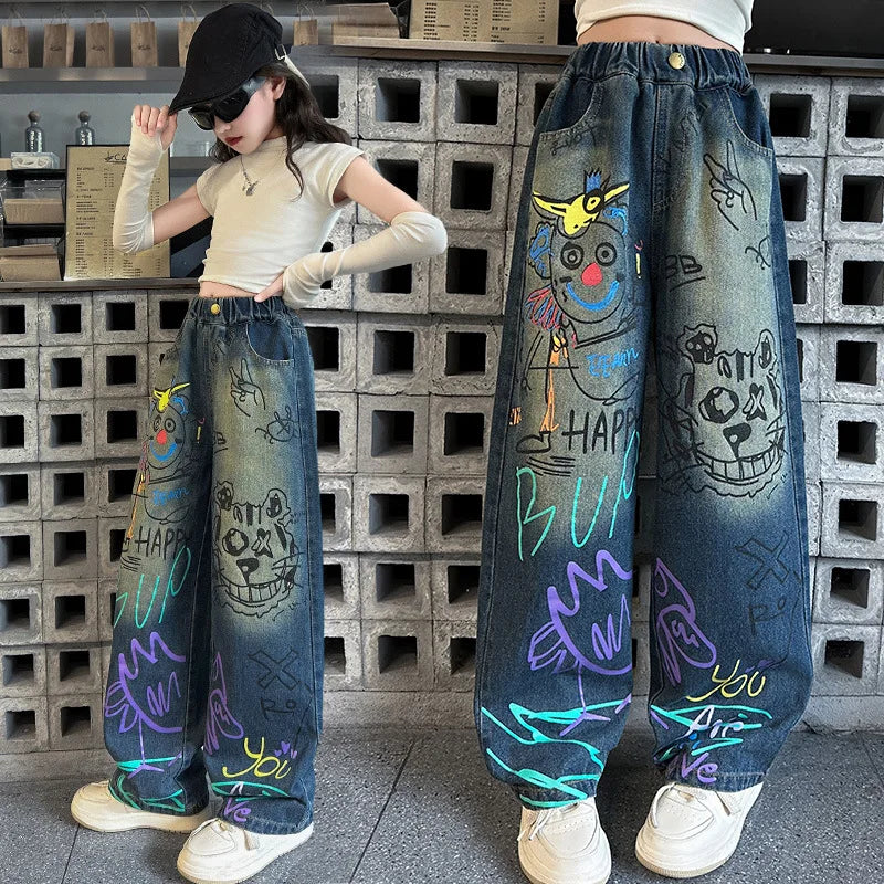 Kids Jeans for Girls Fashion Graffiti Dyeing 2025 Spring Autumn Hot Sales Teenager Unique Wide Leg Pants Korean Style Trousers