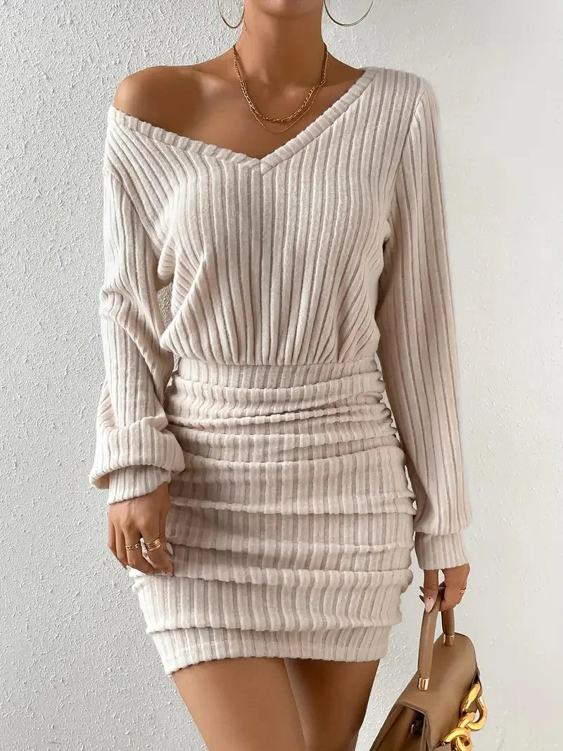 Women's Knitted Sweater Mini Dress Spring Autumn Female Casual Solid Color V-neck Long Sleeve Warm Bodycon Short Dresses Robe