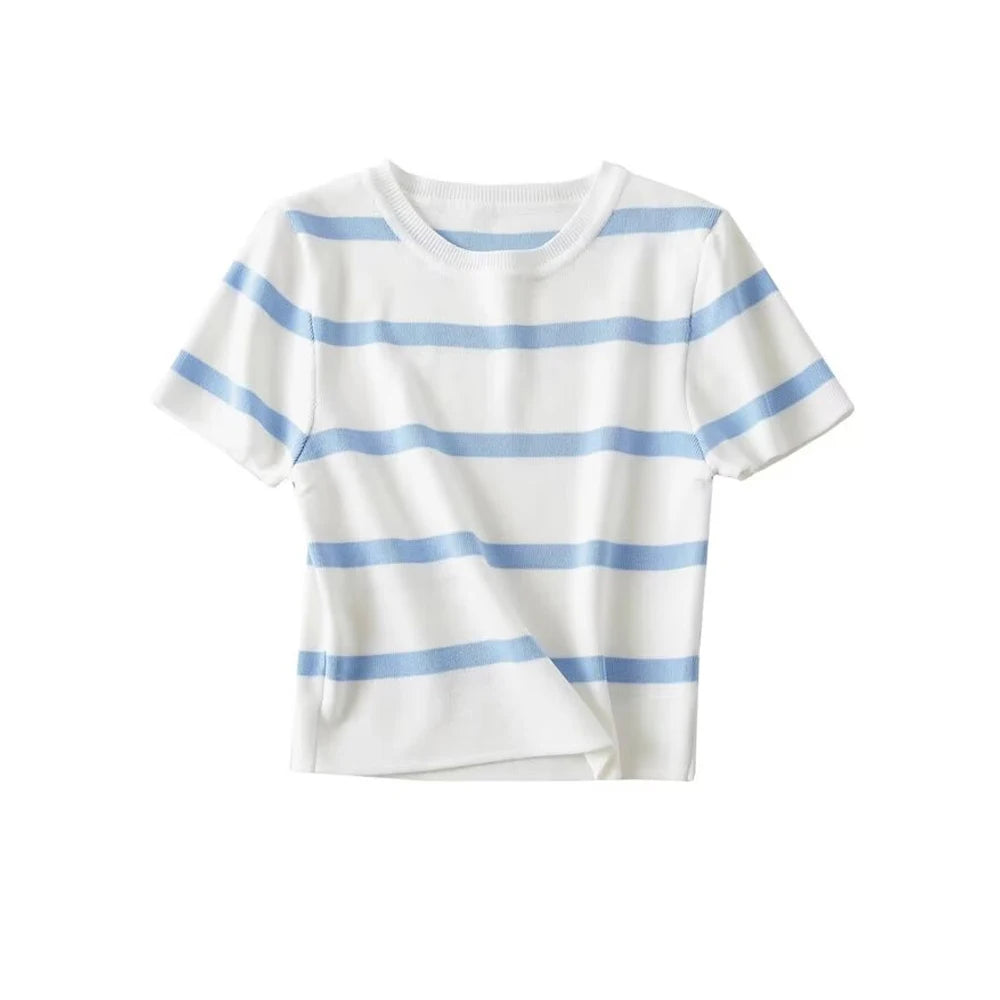 RFZA Women Fashion Striped Basic Cropped Knit Sweater Vintage O Neck Short Sleeve Female Pullovers Chic Tops