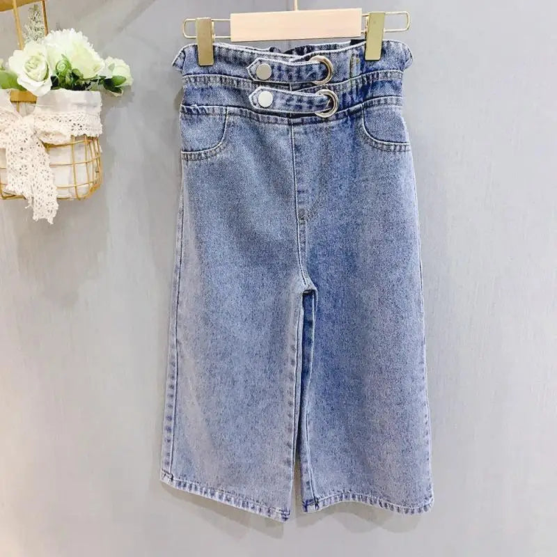 Girls' Wide-Leg Jeans Versatile Style 2023 Fashionable Big Kids Leisure Pants Spring And Autumn Girl Loose Double Waist Trousers