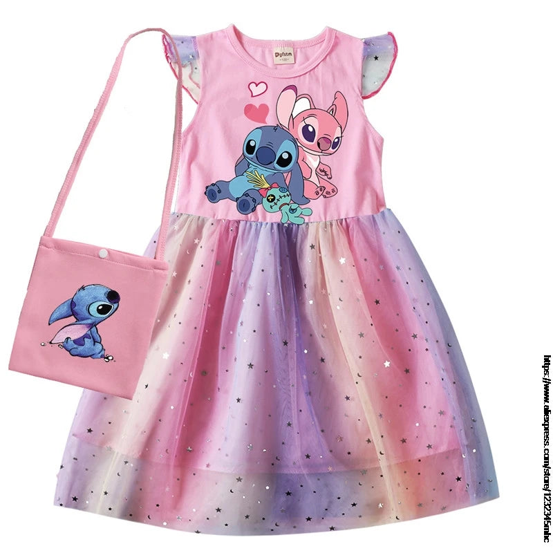 Lilo And Stitch Summer Girls Cotton T Shirt Patchwork Dress +Bag Children Girl Home Party Casual Clothes Dresses