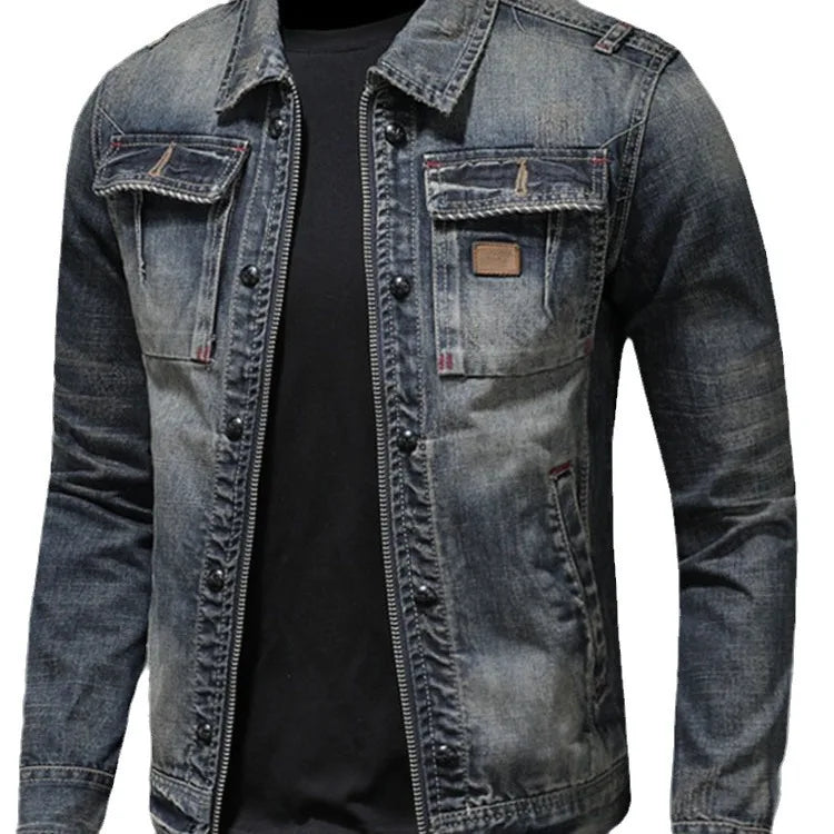 Spring and Autumn Denim Jacket Men Boutique Zipper Fashion Turn Down Collar Mens Clothes Casual Denim Jacket Slim Cowboy Coat