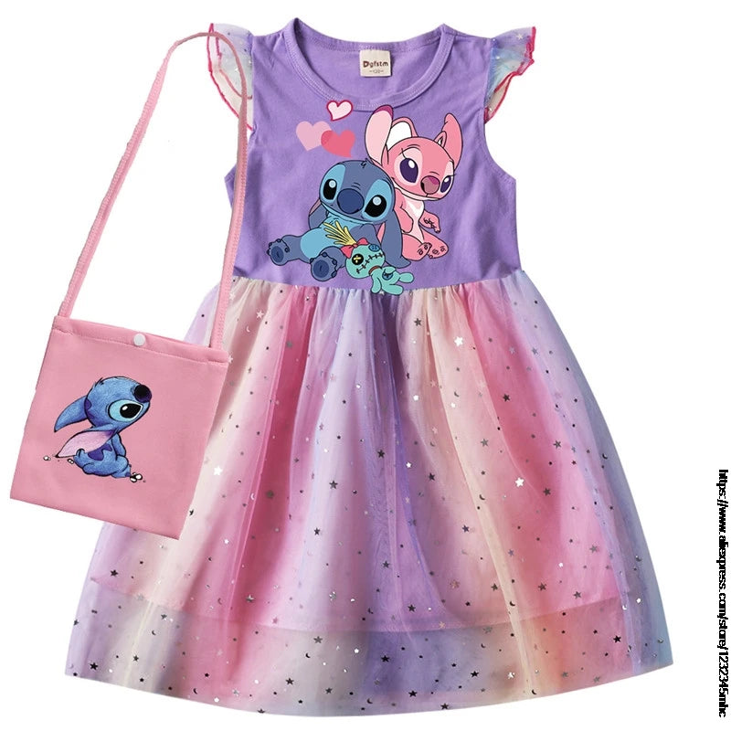 Lilo And Stitch Summer Girls Cotton T Shirt Patchwork Dress +Bag Children Girl Home Party Casual Clothes Dresses