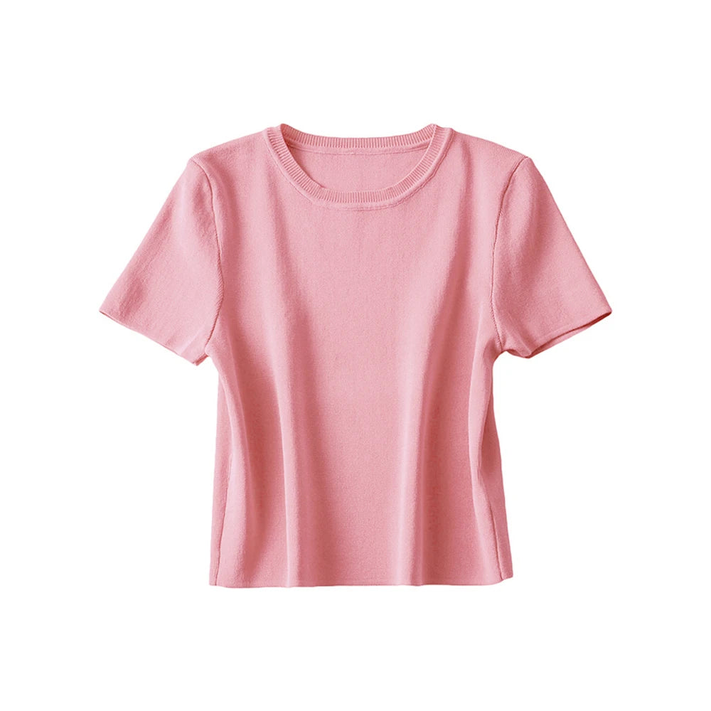 RFZA Women Fashion Striped Basic Cropped Knit Sweater Vintage O Neck Short Sleeve Female Pullovers Chic Tops