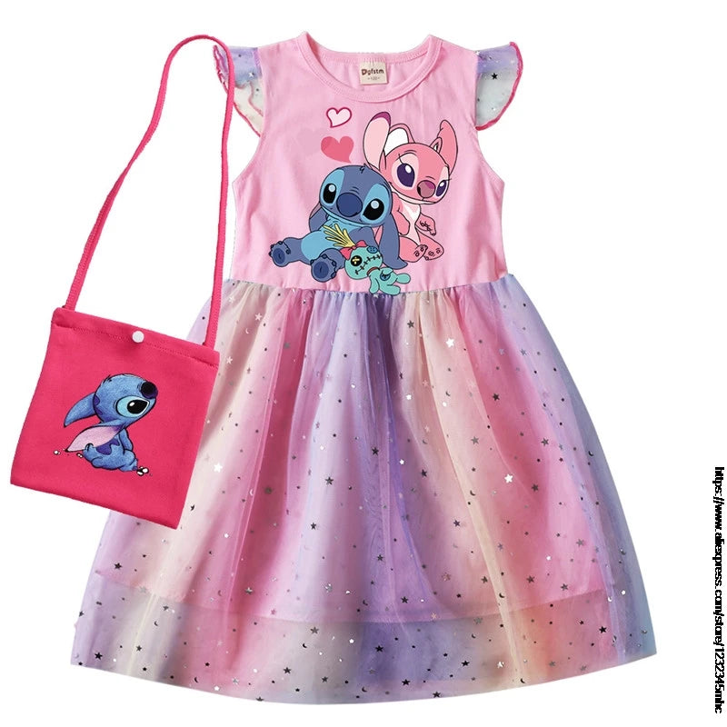 Lilo And Stitch Summer Girls Cotton T Shirt Patchwork Dress +Bag Children Girl Home Party Casual Clothes Dresses