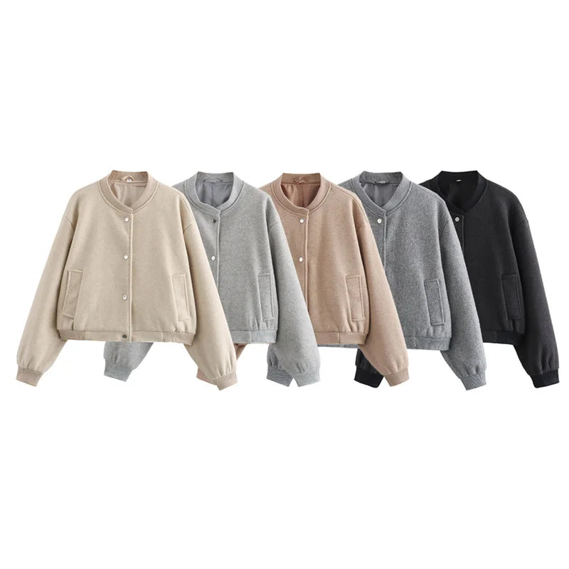 TRAF 2024 Women Jacket Cropped Bomber Jackets For Women Beige Black Tweed Jacket Woman Fashion Long Sleeve New In Short Coats