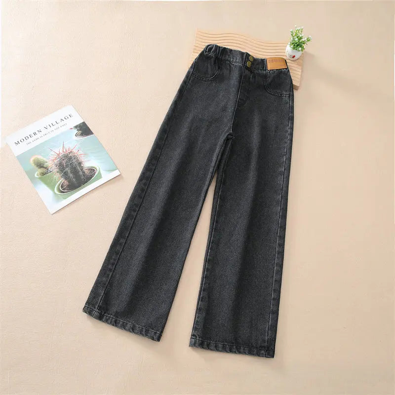 Teenage Girls Retro Jeans Spring Autumn Winter Casual Fashion Kids Wide Leg Insulated Jeans Pants School Children Denim Trousers