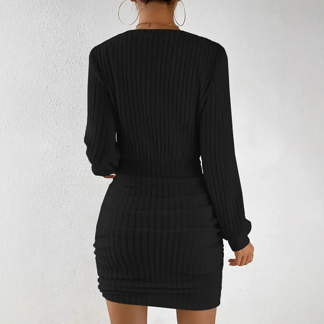 Women's Knitted Sweater Mini Dress Spring Autumn Female Casual Solid Color V-neck Long Sleeve Warm Bodycon Short Dresses Robe