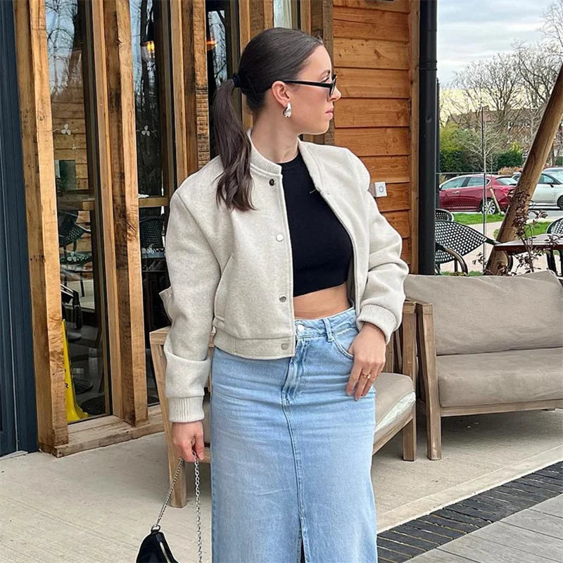 TRAF 2024 Women Jacket Cropped Bomber Jackets For Women Beige Black Tweed Jacket Woman Fashion Long Sleeve New In Short Coats