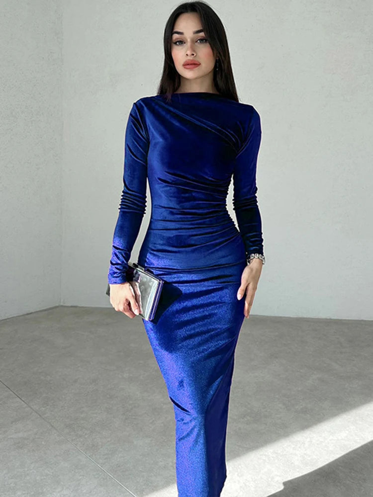 Dulzura 2024 Spring Summer Velvet Long Sleeve Midi Dress For Women Ruched Long Dress Elegant Party Clothes Evening Green Outfits