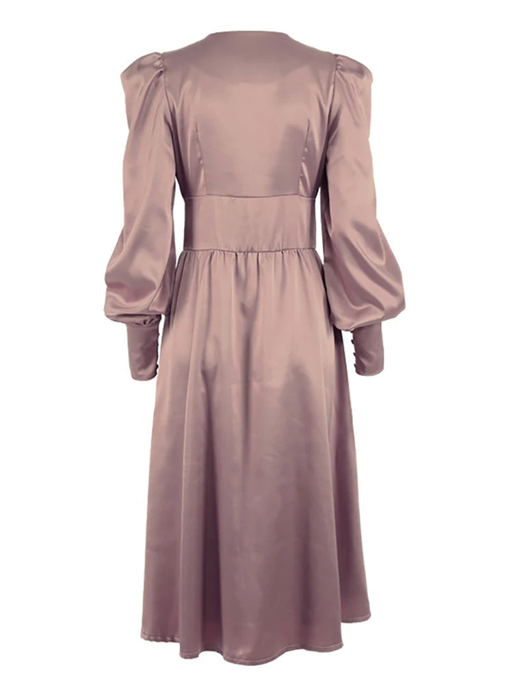 White Satin Midi Dress – Elegant Party Outfit, High Waist, Lantern Sleeves