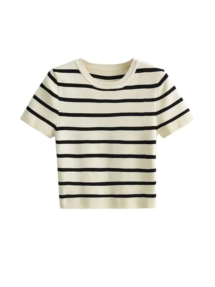 RFZA Women Fashion Striped Basic Cropped Knit Sweater Vintage O Neck Short Sleeve Female Pullovers Chic Tops