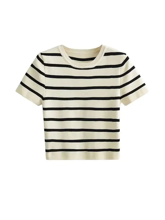 RFZA Women Fashion Striped Basic Cropped Knit Sweater Vintage O Neck Short Sleeve Female Pullovers Chic Tops