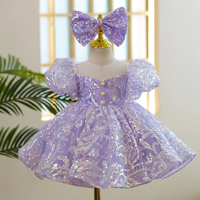 Kids Birthday Party Dresses for Little Girl Size 2 To 14 Years Prom Sequin Dress 2023 Luxury Gowns Sky Blue Evening Formal Frock