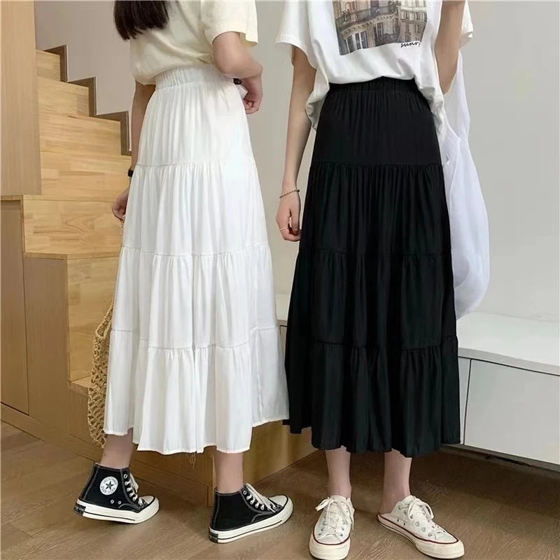 Spring Summer Women Skirts Vintage High Waist Elastic Patchwork White Black Chic Long Cake A-line Skirt