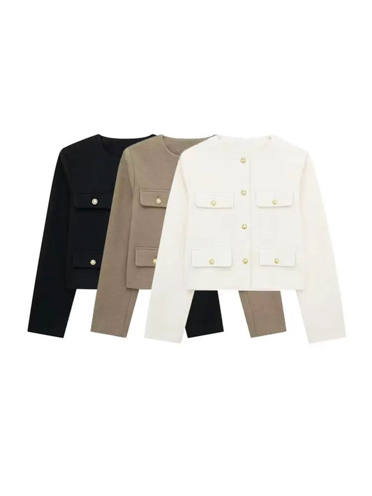 TRZA-Women's Golden Button Jacket Coat, O Neck, Long Sleeve, Female Outerwear, Chic Tops, Fashion