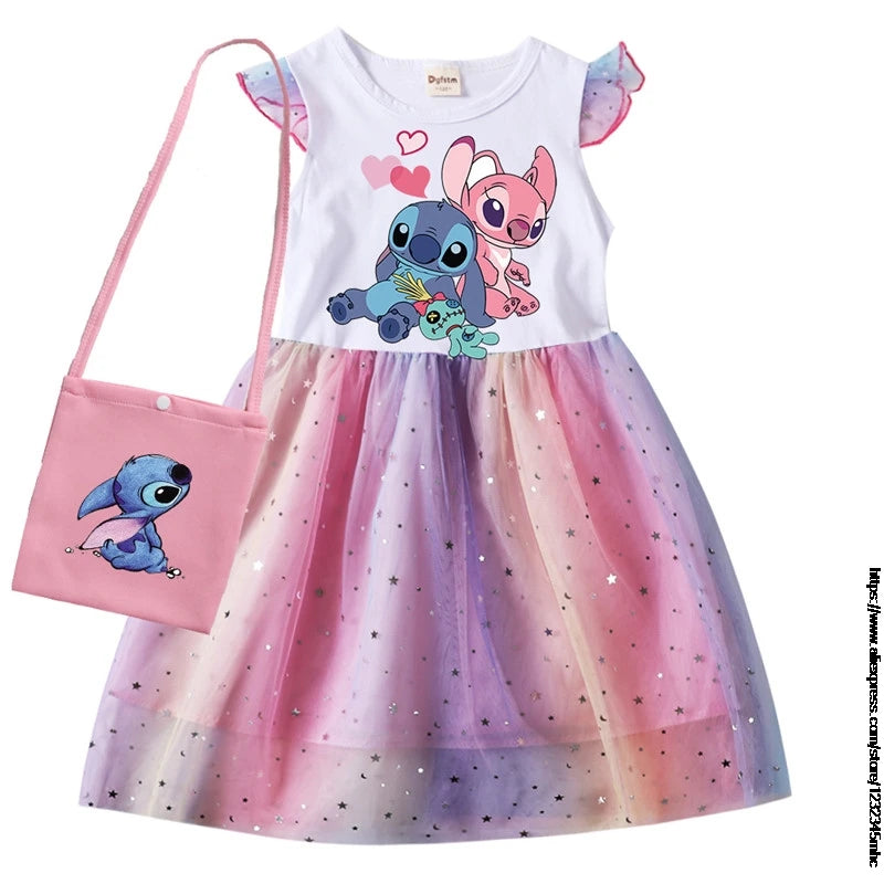 Lilo And Stitch Summer Girls Cotton T Shirt Patchwork Dress +Bag Children Girl Home Party Casual Clothes Dresses