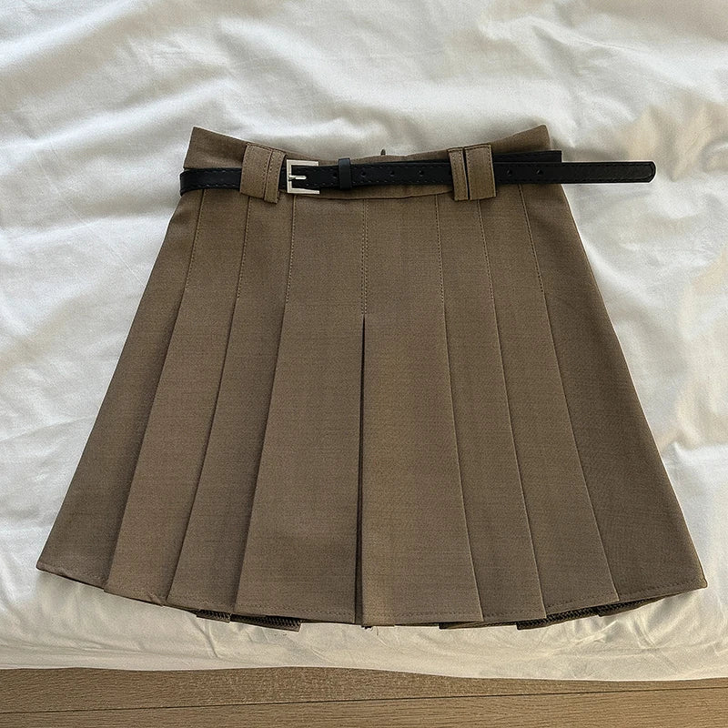 Fashion Vintage Pleated Skirt 2024 Autumn New Arrival K-sle Women's Clothing Short A- line Skirt with  Belt