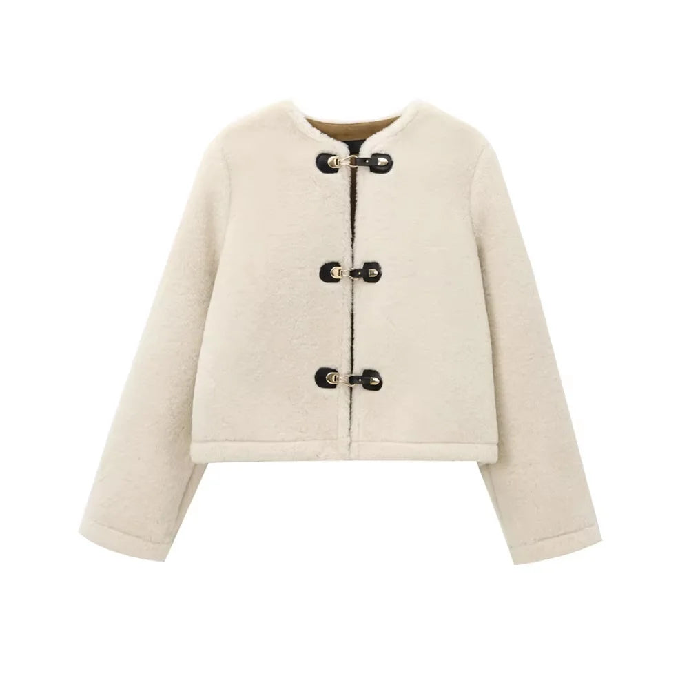TRZA-Thick Warm Faux Fur Jacket for Women, Long Sleeve Coat, Front Toggle, Female Outerwear, Chic Tops, Fashion