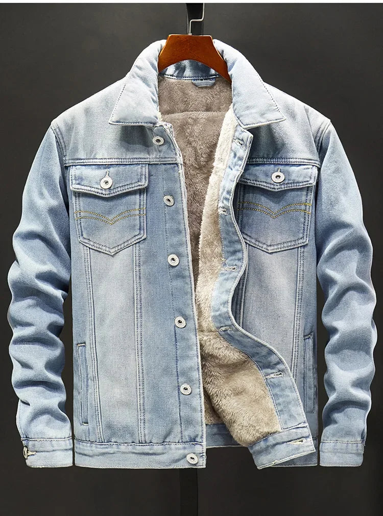 Men Denim Jacket Single Breasted Cardigan Turn Down Collar Coats Washed Loose Solid Pockets Button Casual Thicken Spliced