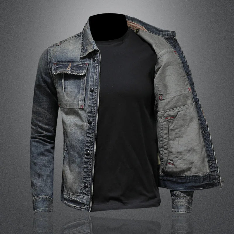 Spring and Autumn Denim Jacket Men Boutique Zipper Fashion Turn Down Collar Mens Clothes Casual Denim Jacket Slim Cowboy Coat