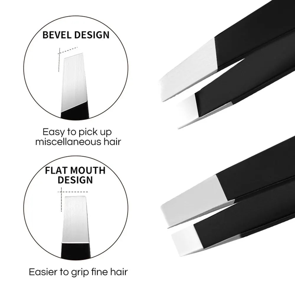 GECOMO Stainless Steel Black Eyebrow Tweezer with Slant and Flat Point Beauty Tools for Eyebrows & Ingrown Hair Removal