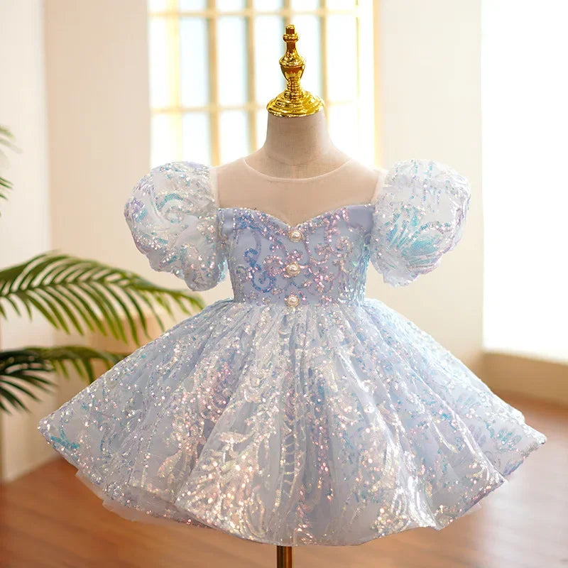 Kids Birthday Party Dresses for Little Girl Size 2 To 14 Years Prom Sequin Dress 2023 Luxury Gowns Sky Blue Evening Formal Frock