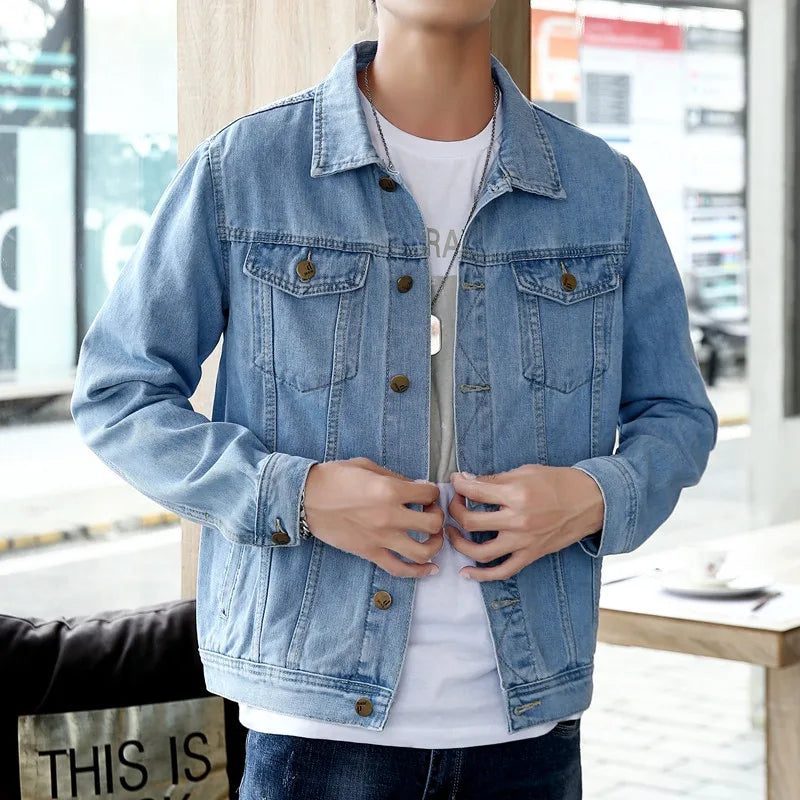 New Spring Autumn Men's Denim Jackets Casual Streetwear Outerwear Solid Color Single Breasted Turn Down Collar Denim Jacket Men