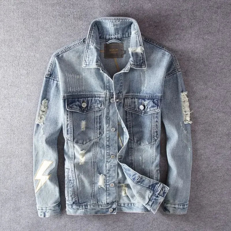 Men's Denim Jacket Vintage With Print Male Jean Coats Hole Ripped High Quality In Lowest Price Size L Loose On Board Casual Y2k