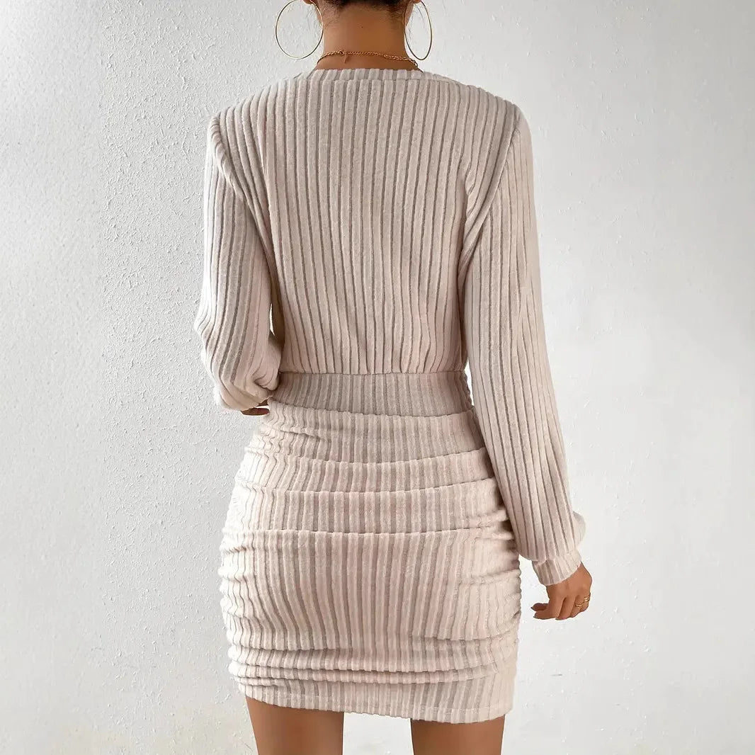 Women's Knitted Sweater Mini Dress Spring Autumn Female Casual Solid Color V-neck Long Sleeve Warm Bodycon Short Dresses Robe