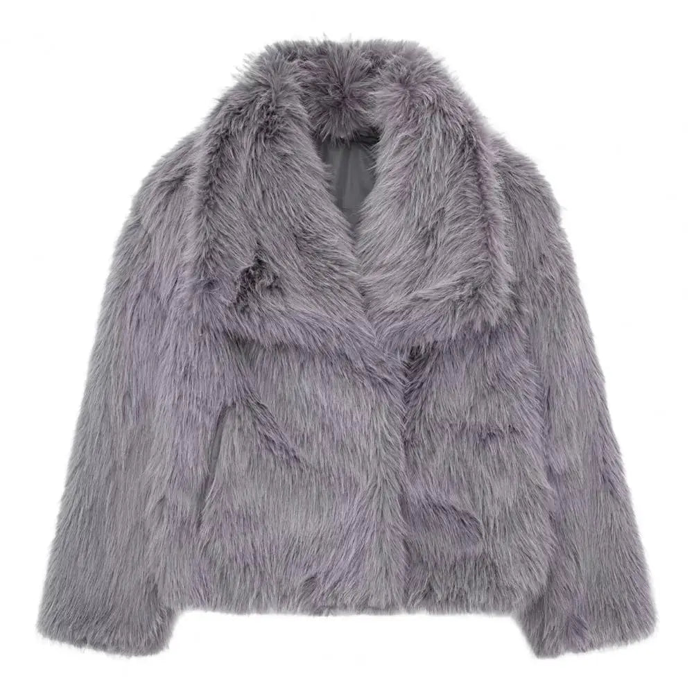 Plush Winter Women Jacket Faux Fox Fur Turn-down Collar Cozy Jacket Solid Color Cold Weather Celebrity Outdoor Outerwear